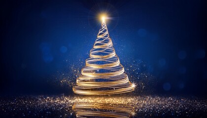 Glowing Golden Christmas Tree On Dark Blue Background