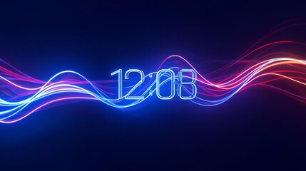 Neon digital clock display with vibrant light trails and dark background.