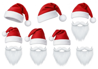 Collection of santa hats and beards isolated on transparent background