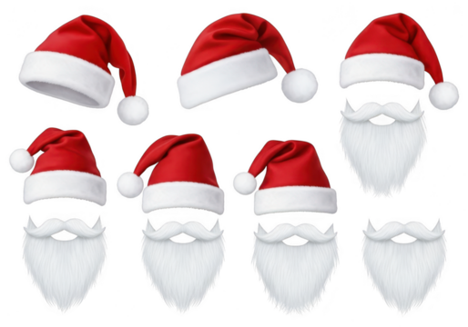 Collection of santa hats and beards isolated on transparent background