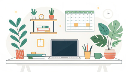 Organized workspace illustration showing a modern laptop, potted plants, calendars, and books creates a clean and productive home office aesthetic