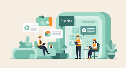 Naklejka premium Construction team planning project strategy, collaborating in modern workspace for innovative engineering solutions, ensuring efficient workflow and successful execution