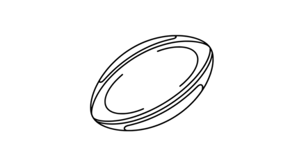 A single minimalist flat black outline icon depicting an angled rugby or American football ball with distinct curved seam details, isolated centrally on a pure white background.