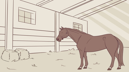 A brown horse standing inside a stable with hay bales and a window in the background illustration
