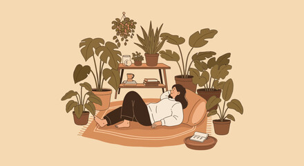 Relaxed woman lounging in her tranquil indoor garden oasis, a peaceful escape filled with lush plants and cozy vibes, perfect for promoting mindful living