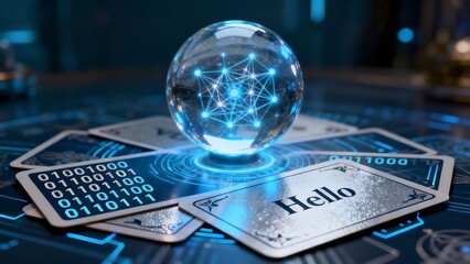 AI neural network crystal ball with digital tarot cards. Tech fortune telling concept and digital prediction future technology.