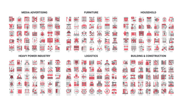 Comprehensive set of modern line icons covering media advertising, furniture, household, heavy power industry, logistics, building and construction isolated vector illustration