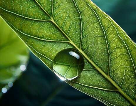 single water droplet magnifies leaf veins beneath freshness botany