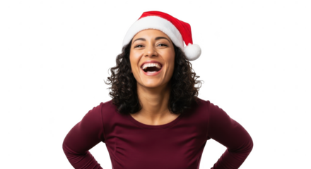 Joyful woman wearing a santa hat, isolated on transparent background