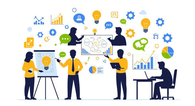 Creative team brainstorming ideas, developing innovative strategies, and analyzing data for business growth in a collaborative and dynamic environment