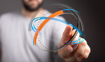 Man touching interactive digital interface, showcasing global network connection and innovation. Concept of futuristic technology, da