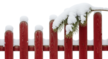 Snow covered red picket fence with evergreen fir branch on a transparent background PNG image file