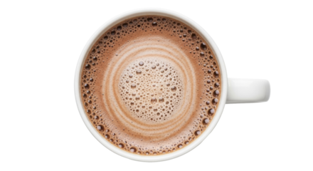 Hot chocolate drink in white mug from above view on a transparent background PNG image PNG file winter holiday beverage