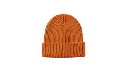 Orange ribbed knit beanie hat, winter headwear, warm clothing accessory on a transparent background, PNG image