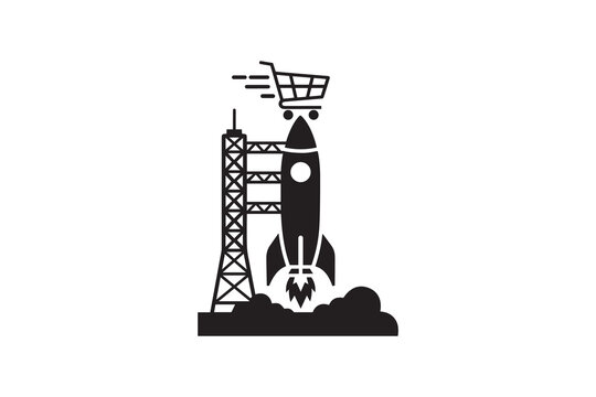 Rocket launch with shopping cart business growth concept Shopping cart on rocket fast online store launch silhouette graphic