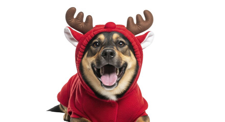 Happy dog in red reindeer costume looking at camera on a transparent background PNG image