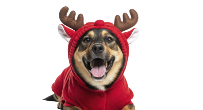 Happy dog in red reindeer costume looking at camera on a transparent background PNG image - Powered by Adobe