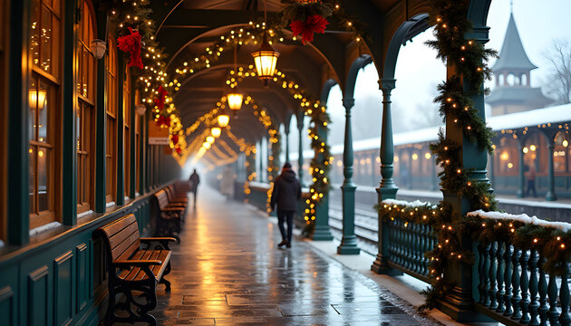 Festive Holiday Ambiance at the Train Station Platform with Garland Lights and Foggy Background during Winter Season