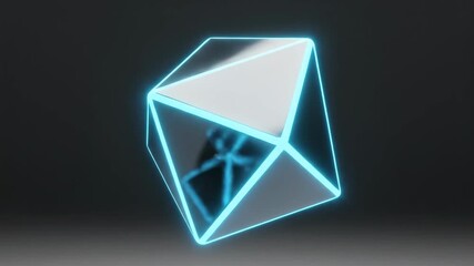 A futuristic holographic cube with glowing blue neon light illuminating its edges. This abstract 3D render of a geometric crystal represents technology and data - Powered by Adobe
