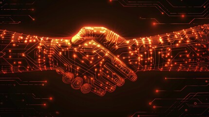 Futuristic digital handshake merging humanity and technology with glowing circuit patterns