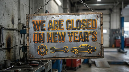 Garage closed sign for New Years holiday image, garage, closed, sign, new years, holiday, auto repair, workshop, mechanics, tools, wrench, gear, car, vehicle, metal, wood, rustic, hanging, chains, not