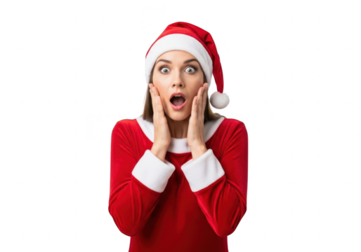 Shocked woman in santa costume isolated on transparent background