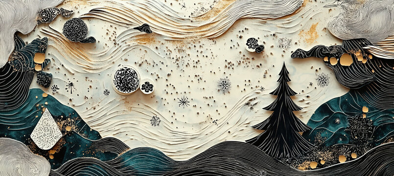 A swirling cosmic winter valley filled with glowing particles, snowy hills, abstract textures, and deep atmospheric shadows, creating a surreal emotional landscape blending fantasy energy, cold silenc