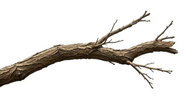 Bare tree branch with rough textured bark for winter scenes on a transparent background PNG image