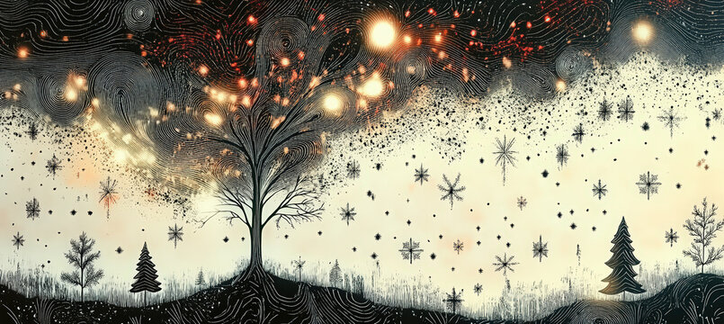 A glowing magical tree surrounded by floating stars, warm lights, snowy ground, and soft dark sky textures, forming an emotional surreal winter scene filled with dreamlike fantasy atmosphere.