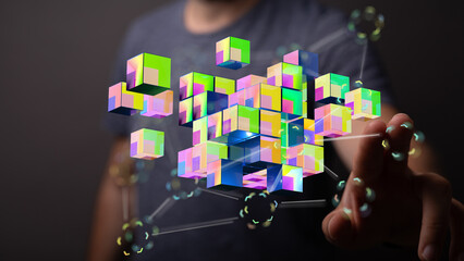 Digitally rendered image of a hand touching abstract colorful cubes. Representing technology, data, and future