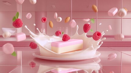 Pink Raspberry Milk Splash with Creamy Dessert Bar and Floating Sweets