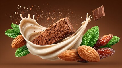 Chocolate Bar with Cocoa Dust, Almonds, Dates and Milk Splash Motion