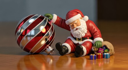 Santa claus figurine with a large christmas ornament and gifts