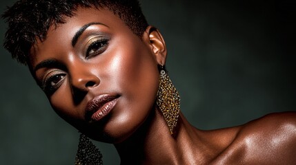 Glamorous Beauty Portrait with Gold Filigree Earrings and Luminous Skin