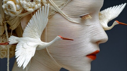 Intricate Paper Sculpture of a Woman with Flying Cranes