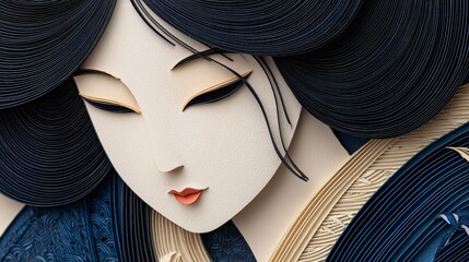 Paper Art Portrait of a Geisha in Layered Blue and Ivory Strips
