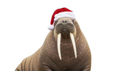 Walrus wearing Santa hat on a transparent background PNG image for winter holidays