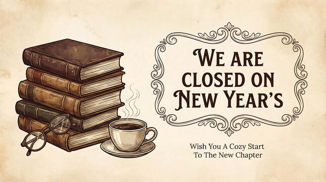 Stack of old books with coffee and eyeglasses near New Years announcement, books, stack of books, old books, antique books, leather bound books, eyeglasses, spectacles, coffee cup, hot drink, steam, n