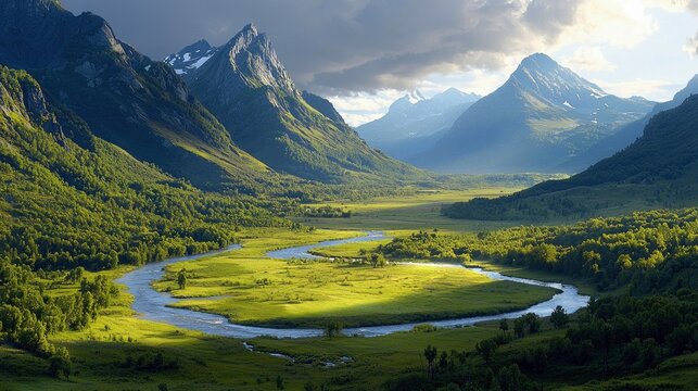 A wide, green valley with a winding river flowing through it. Lush forests cover the lower slopes of towering, rugged mountains, some with snow-capped peaks. Dr - Powered by Adobe