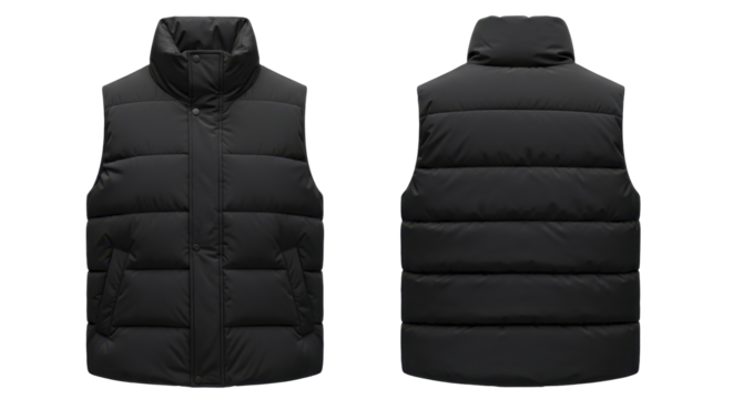 Unisex Quilted Puffer Vest Front and Back Views on a Transparent Background PNG image