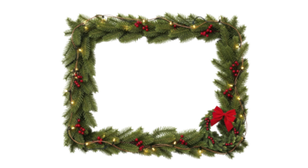 Christmas frame with festive evergreen branches, red berries, string lights, and a red bow on a transparent background, PNG image, PNG file.