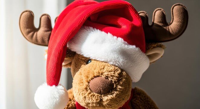 Closeup of a cute plush reindeer wearing a festive red santa hat