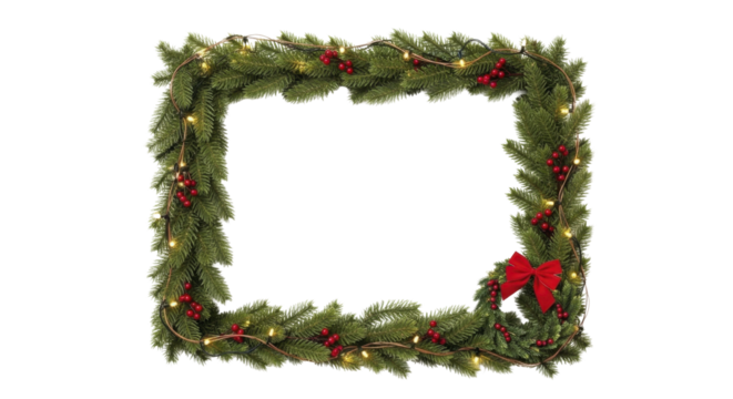 Christmas frame with festive evergreen branches, red berries, string lights, and a red bow on a transparent background, PNG image, PNG file.