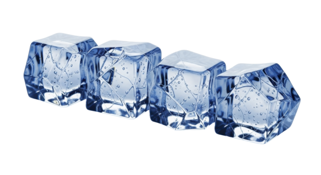 Four shiny ice cubes with internal air bubbles on a transparent background PNG image PNG file