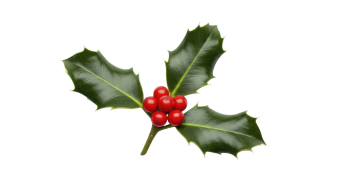 A single vibrant green holly sprig with bright red berries on a transparent background PNG image for holiday decor