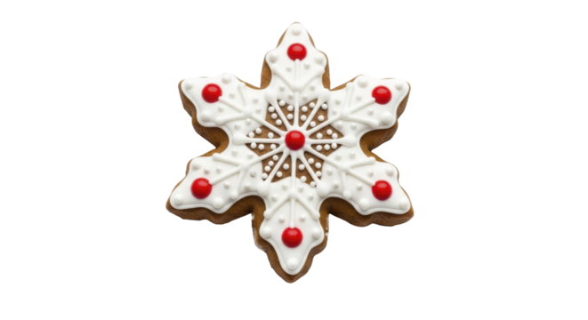 Gingerbread snowflake cookie, white icing, red candy on a transparent background, PNG image, PNG file. - Powered by Adobe
