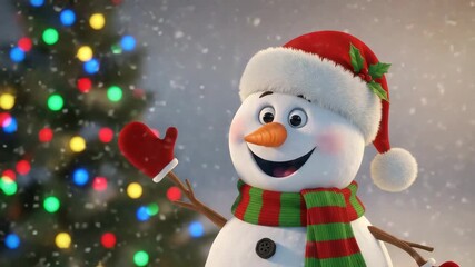 Cheerful snowman with a red hat and scarf waving in a snowy winter wonderland scene - Powered by Adobe