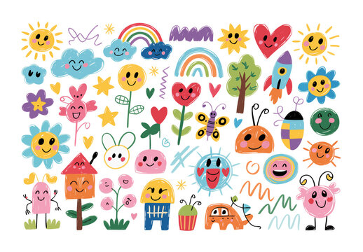 Colorful Kids Drawings Cute Fun Illustrations Set