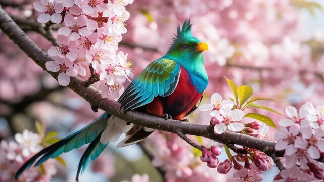 Stunning quetzal perched on pink cherry blossom branch in spring