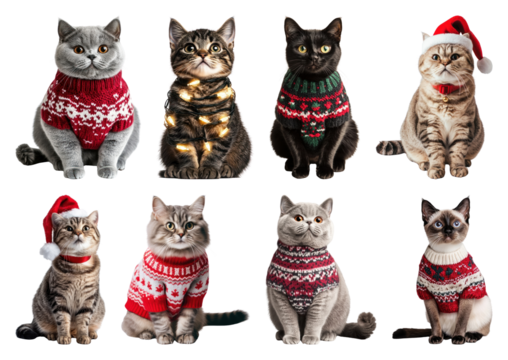 PNG Adorable cats in festive sweaters, element set on transparent background